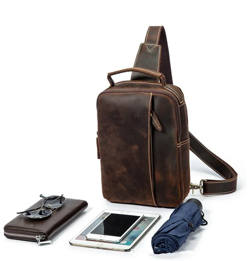 Best Brown Distressed LEATHER MENS Sling Bag One Shoulder Backpack Top Chest Bag For Men