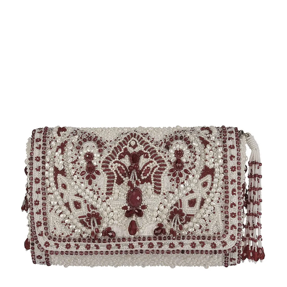 BIJOUX FLAPOVER CLUTCH PRISTINE IVORY RUBY RED WITH HANDLE