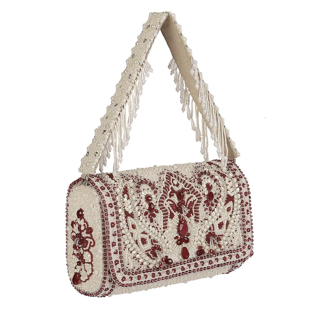 BIJOUX FLAPOVER CLUTCH PRISTINE IVORY RUBY RED WITH HANDLE