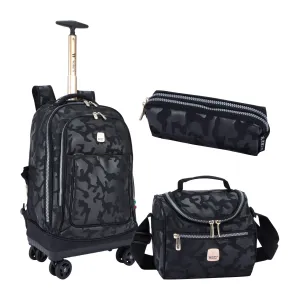 Black Camouflage 8-Wheels School Backpack Trolley Set (Lunch bag & Pencil Case)