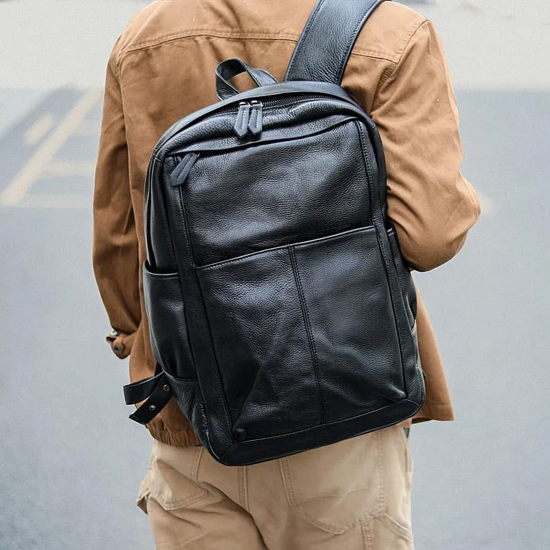 Black Cool Leather Mens School Backpack College Backpack 15" Black Computer Backpack For Men