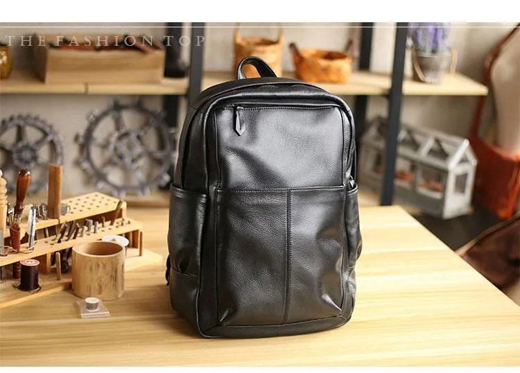 Black Cool Leather Mens School Backpack College Backpack 15" Black Computer Backpack For Men