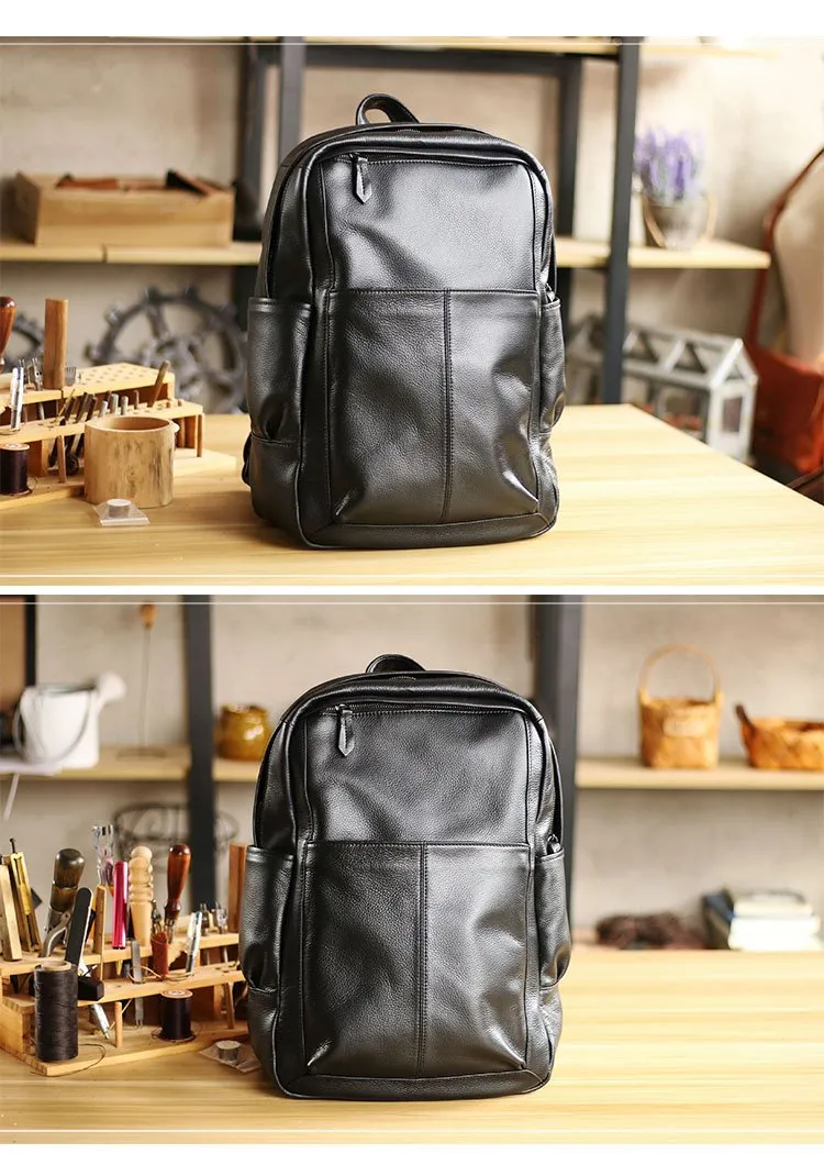 Black Cool Leather Mens School Backpack College Backpack 15" Black Computer Backpack For Men