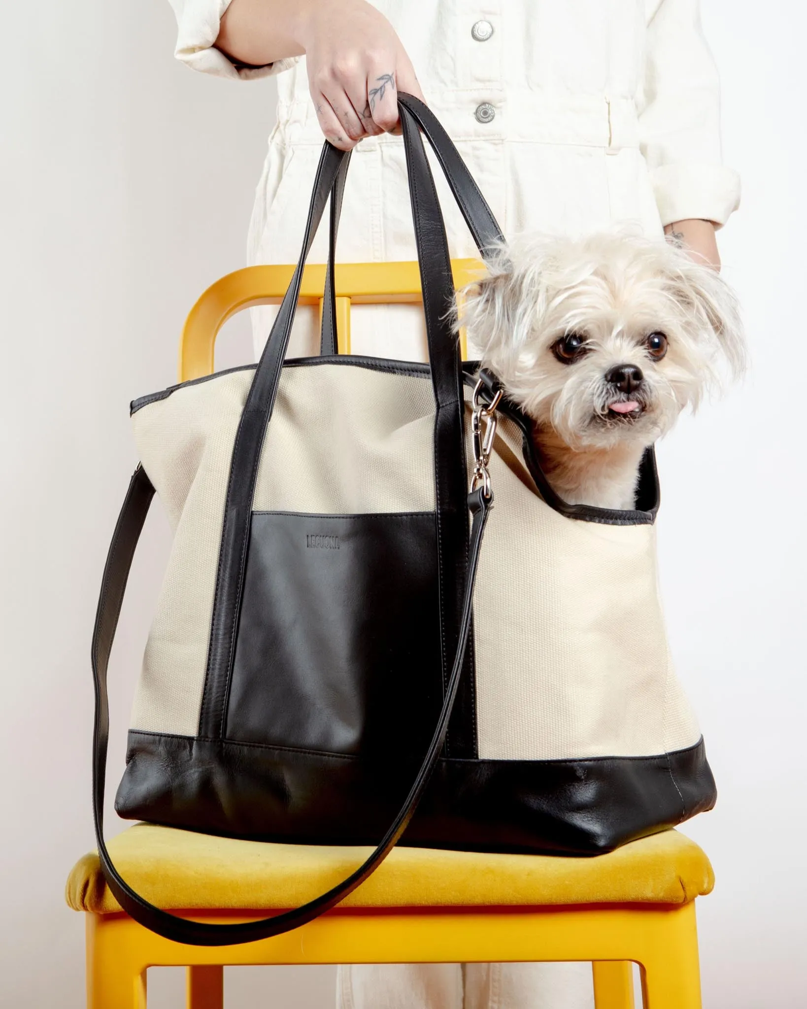 Black Leather & Natural Canvas Luxe Dog Carrier (Made in Mexico)(Dog & Co. Exclusive) (FINAL SALE)