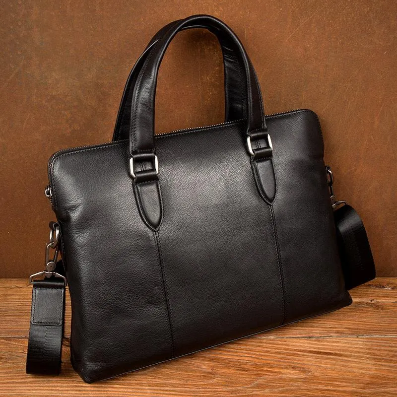 Black Leather Mens 13inches Briefcase Laptop Briefcase Shoulder Business Bags Work Bag for Men