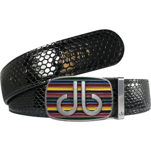 Black Snakeskin Texture Leather Belt with Multi-color Striped Buckle