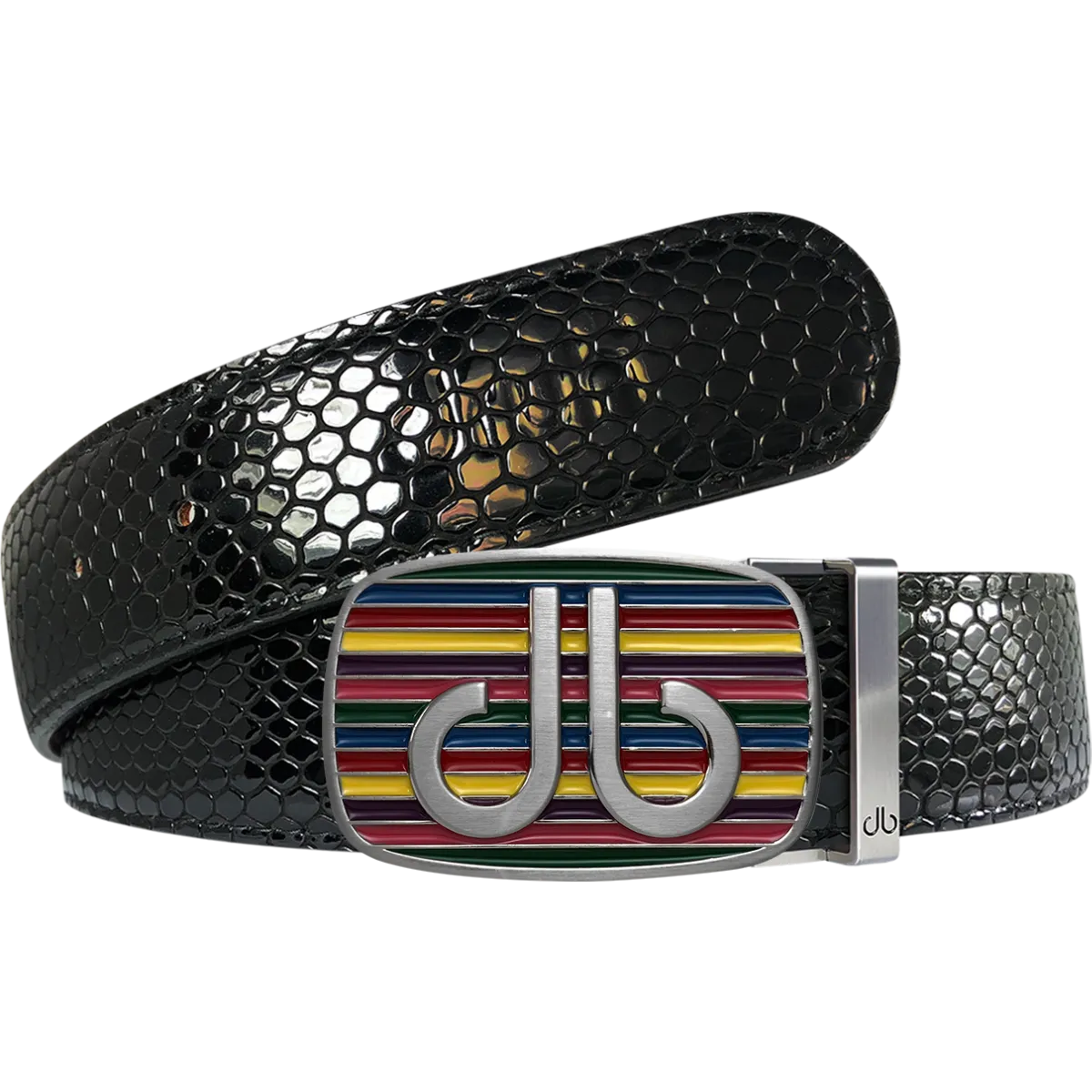 Black Snakeskin Texture Leather Belt with Multi-color Striped Buckle