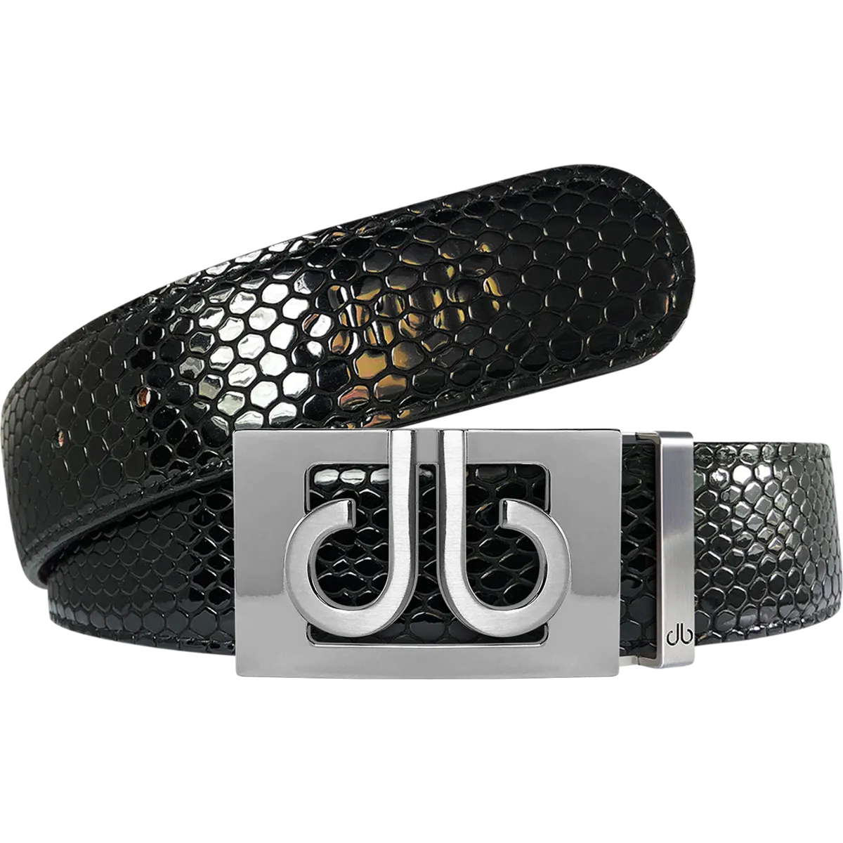 Black Snakeskin Textured Leather Belt with Classic Silver Thru Buckle