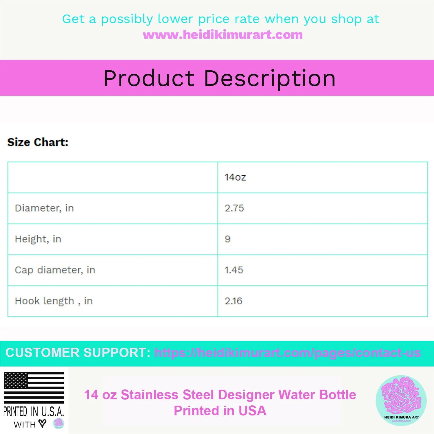 Blue Rose Water Bottle, Floral Print Stainless Steel 14 oz Large Water Bottle - Printed in USA