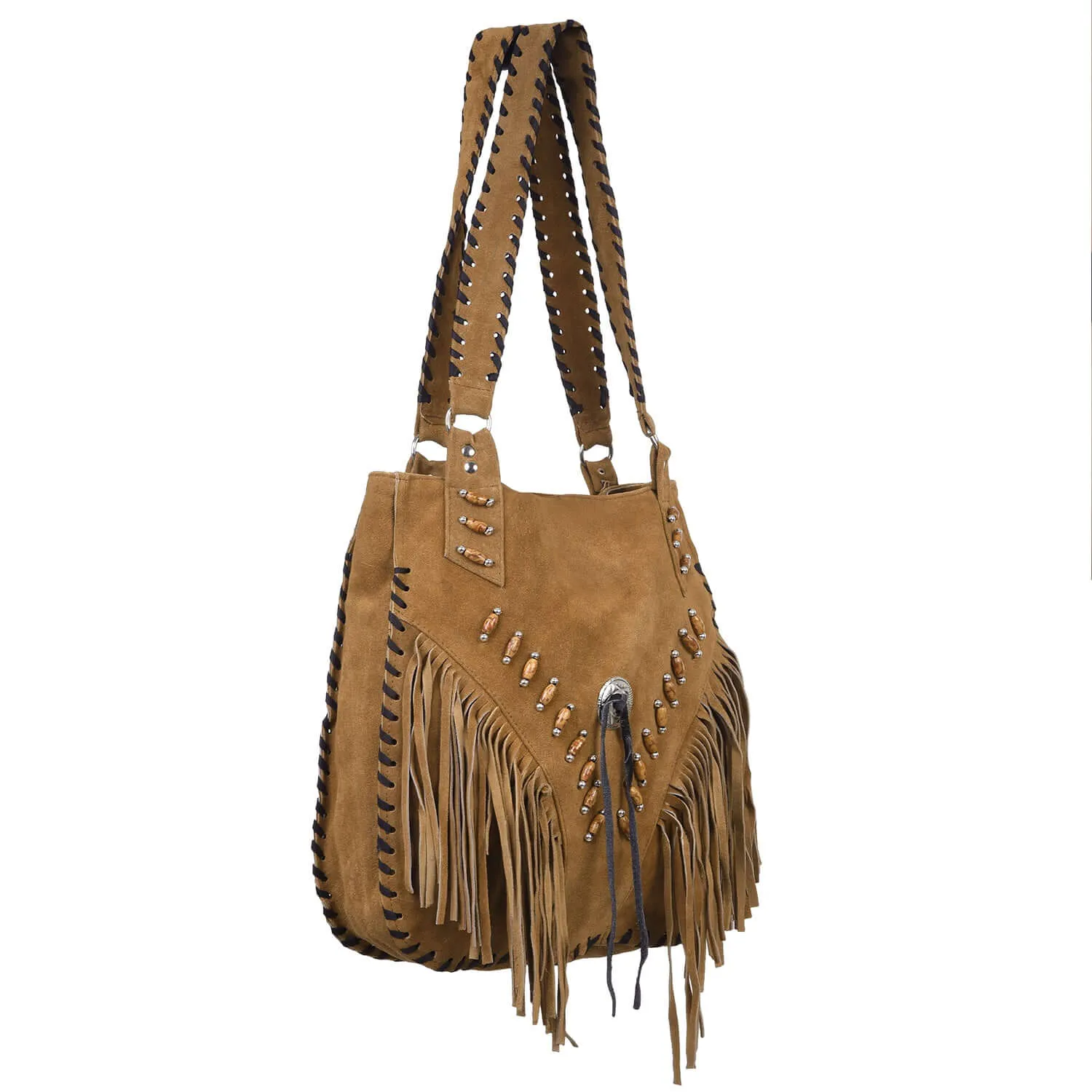 Bohemian Suede Leather Fringe Purse for Women with Beaded Detailing