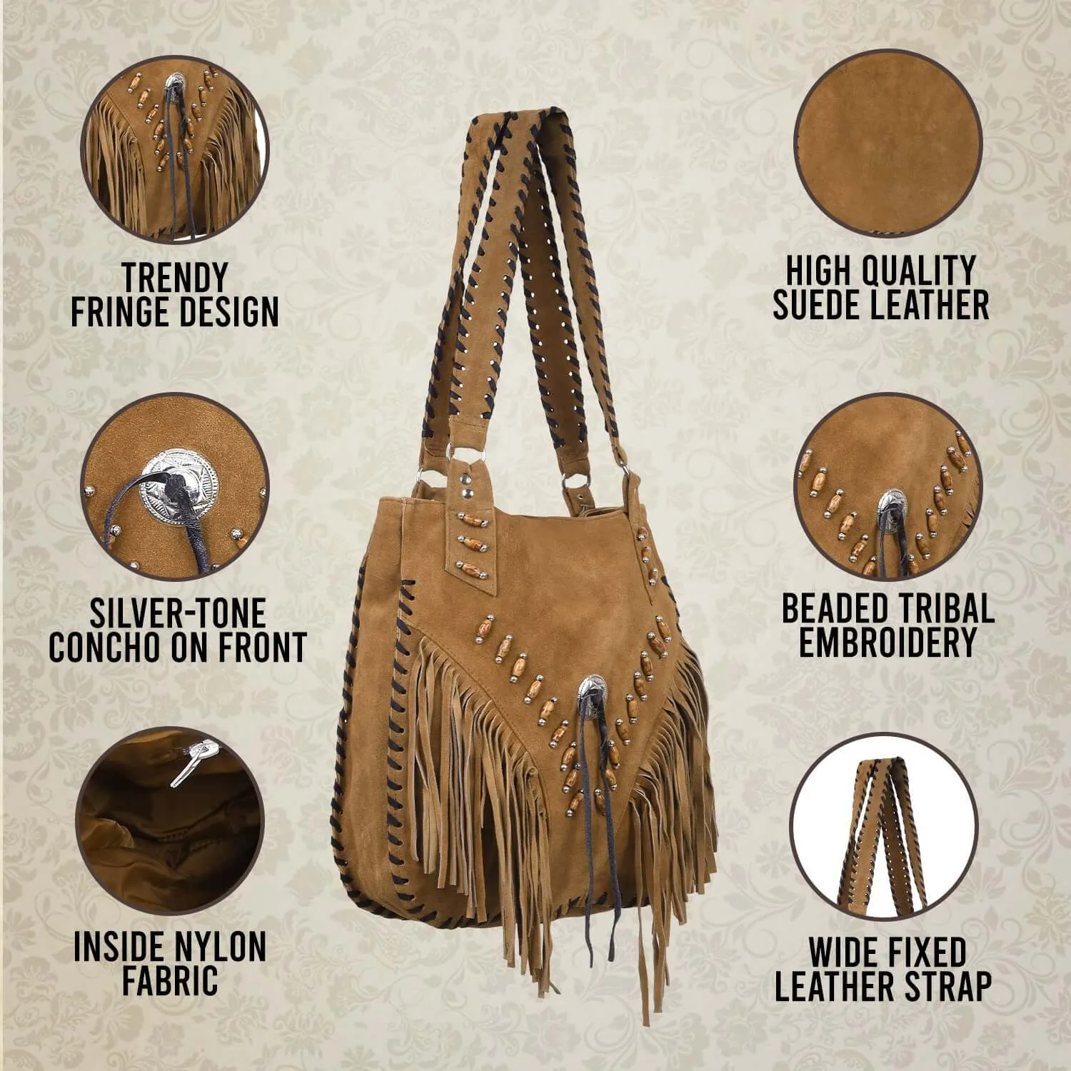 Bohemian Suede Leather Fringe Purse for Women with Beaded Detailing