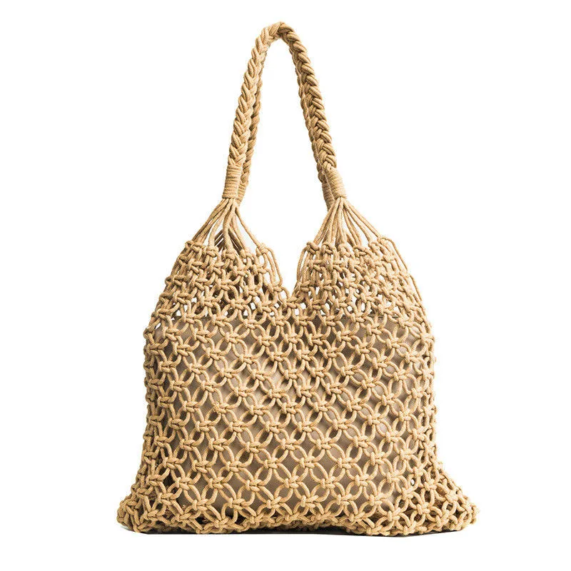 Bohemian Tote Bag Woven Khaki Beige Large Shopping Bag Boho Beach Bag Handmade From Natural Fibers