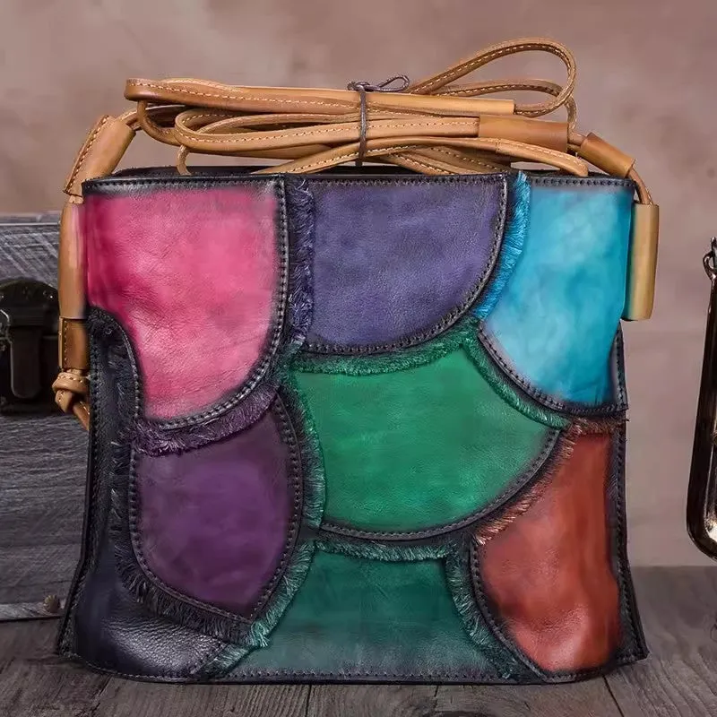 Boho Women's Small Crossbody Purse Multicolor Spliced Leather Shoulder Bag