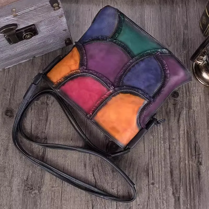 Boho Women's Small Crossbody Purse Multicolor Spliced Leather Shoulder Bag