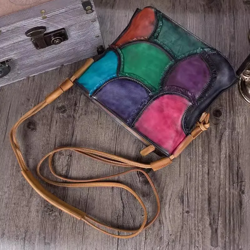 Boho Women's Small Crossbody Purse Multicolor Spliced Leather Shoulder Bag