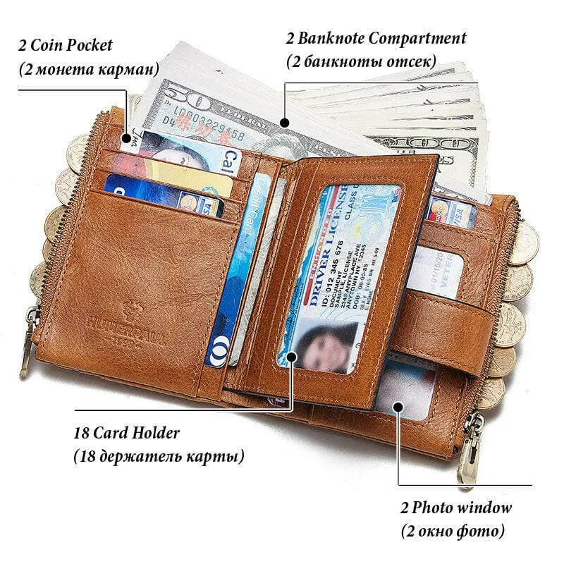 Brown Anti-theft Mens Leather Wallet with Multi Card Slots and Coin Holder