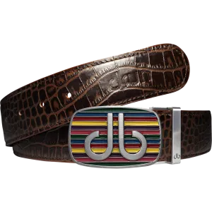 Brown Crocodile Textured Leather Belt with Multi-color Striped Buckle