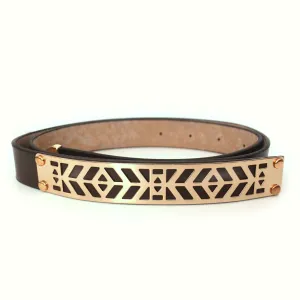 Brown Leather Belt with Gold-Tone Metal Plate