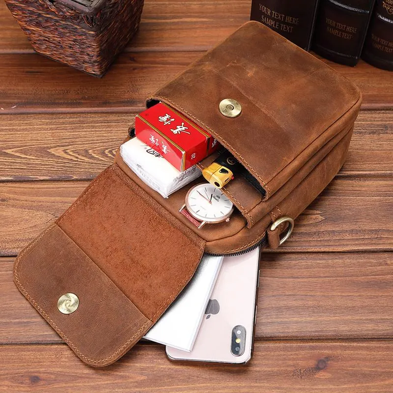 BROWN LEATHER MENS Belt Pouch Belt Bag Waist Bag Mini Side Bag Phone Bag For Men