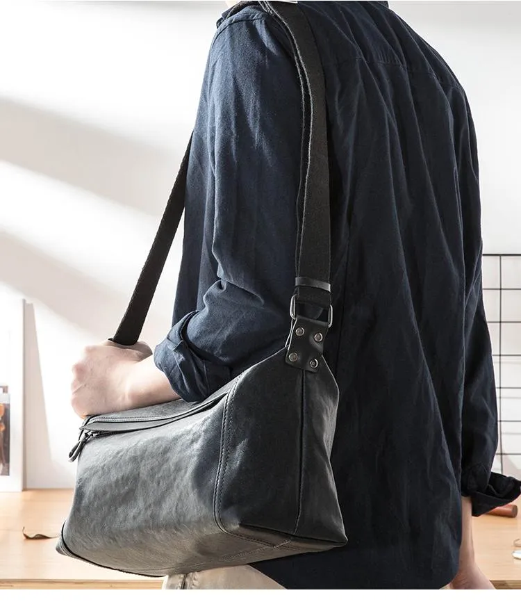 Casual Black Leather Mens 11 inches Side Bag Postman Bag Black Messenger Bags for Men