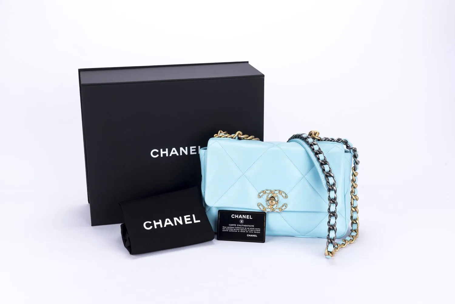 Chanel 19 Flap Bag (3127xxxx) Small Size Pastel Blue Lambskin with Card, Dust Cover & Box