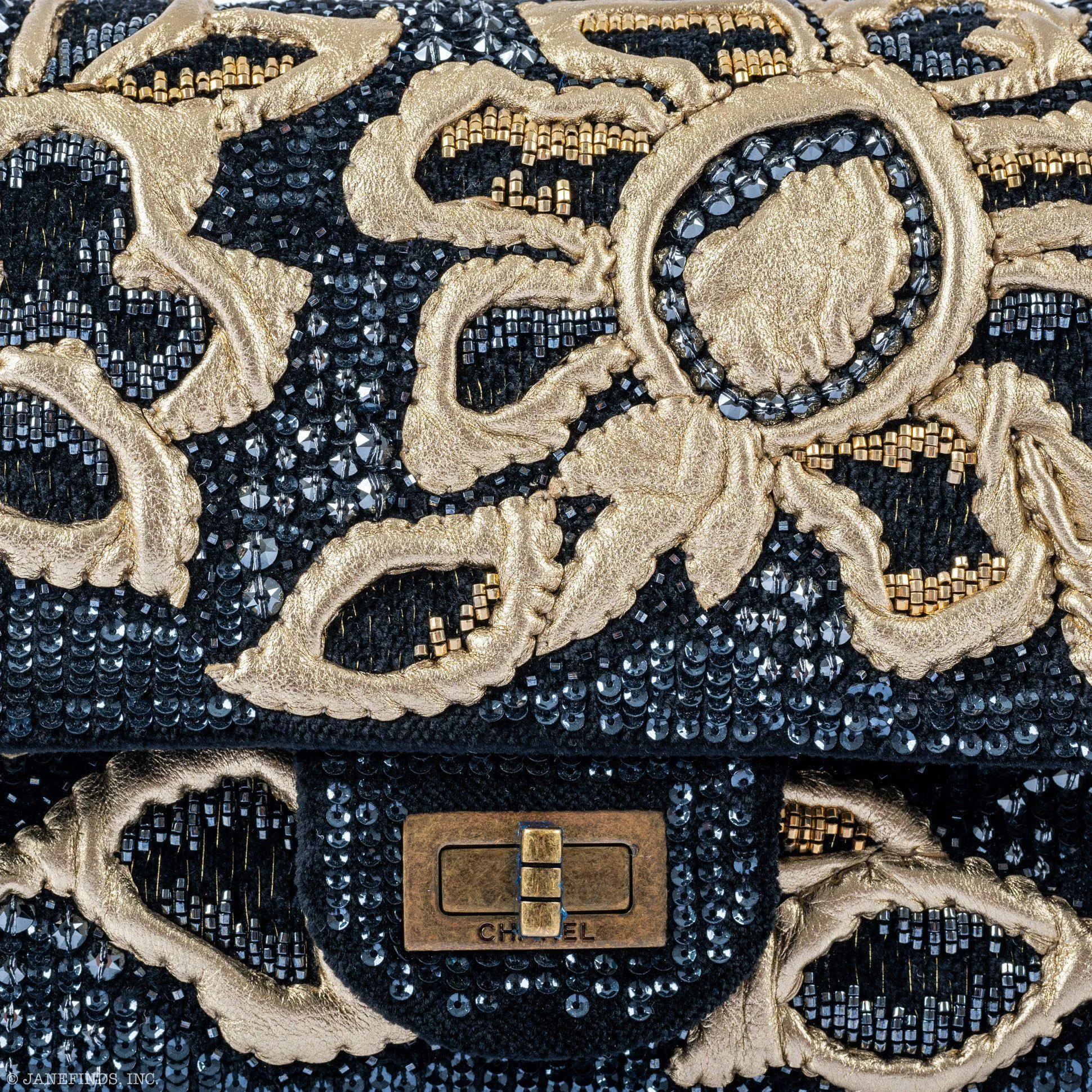 Chanel Exquisite 2.55 Reissue Medium Double Flap Gold and Black Embroidered Sequins and Lambskin on Velvet