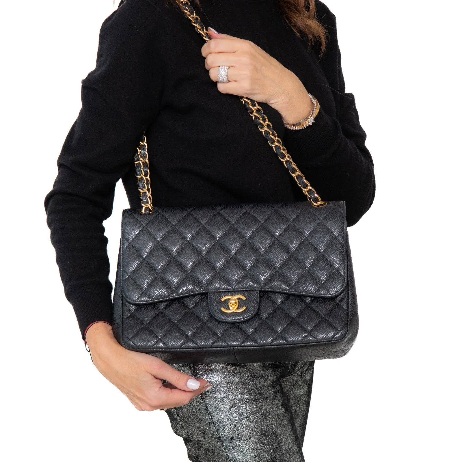 Chanel Jumbo Black Caviar Leather Double Flap Bag