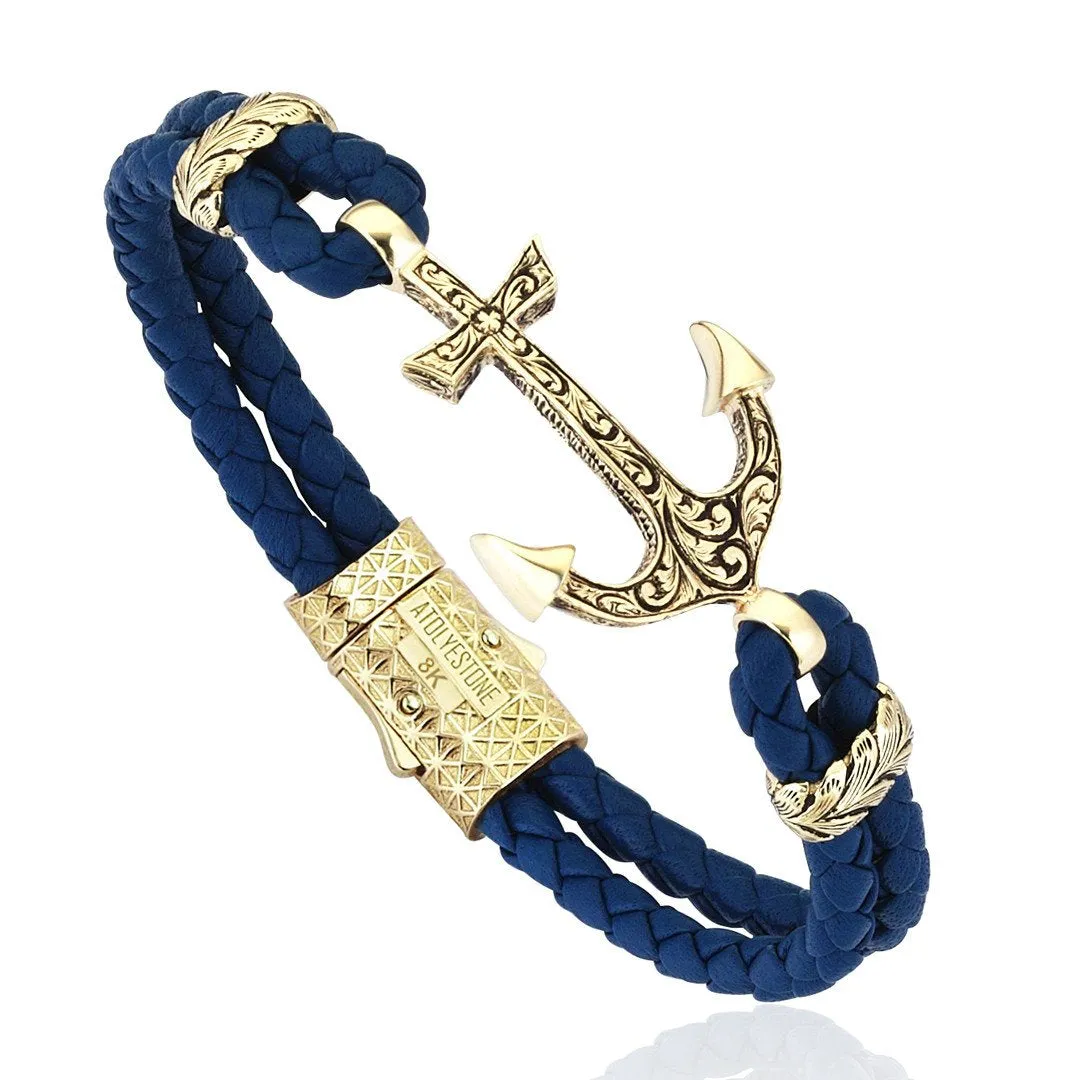 Classic Anchor Leather Bracelet - Solid Yellow Gold