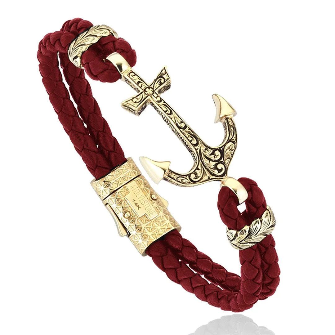 Classic Anchor Leather Bracelet - Solid Yellow Gold