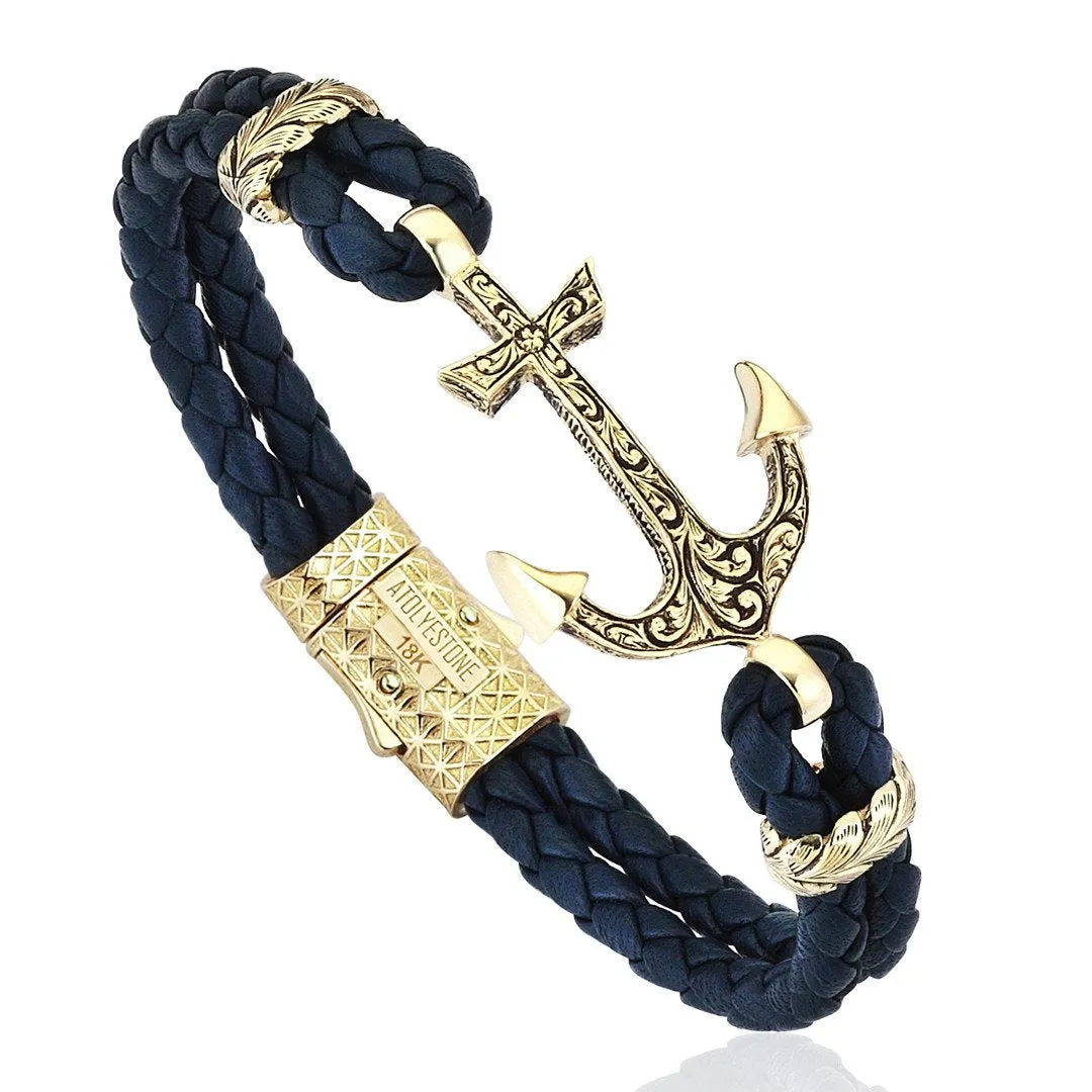 Classic Anchor Leather Bracelet - Solid Yellow Gold