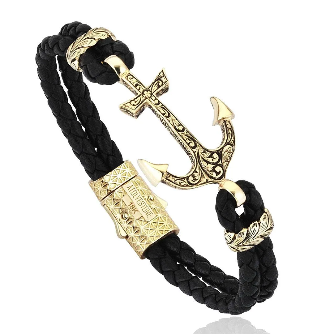 Classic Anchor Leather Bracelet - Solid Yellow Gold