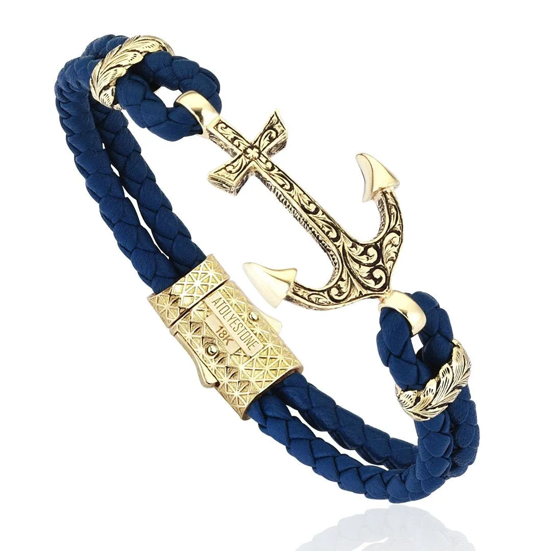 Classic Anchor Leather Bracelet - Solid Yellow Gold