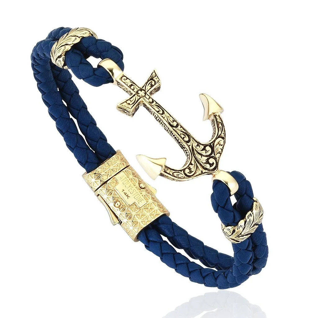 Classic Anchor Leather Bracelet - Solid Yellow Gold