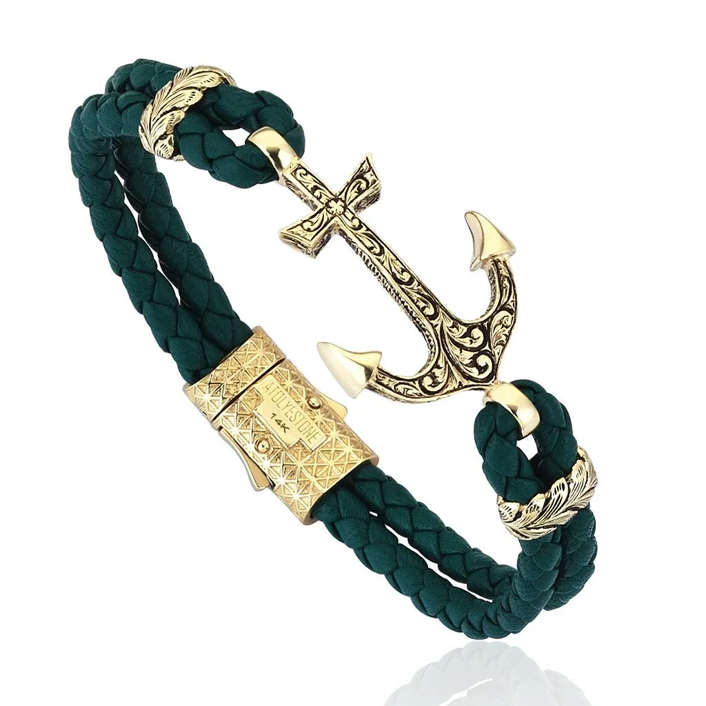 Classic Anchor Leather Bracelet - Solid Yellow Gold