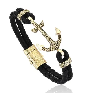 Classic Anchor Leather Bracelet - Solid Yellow Gold