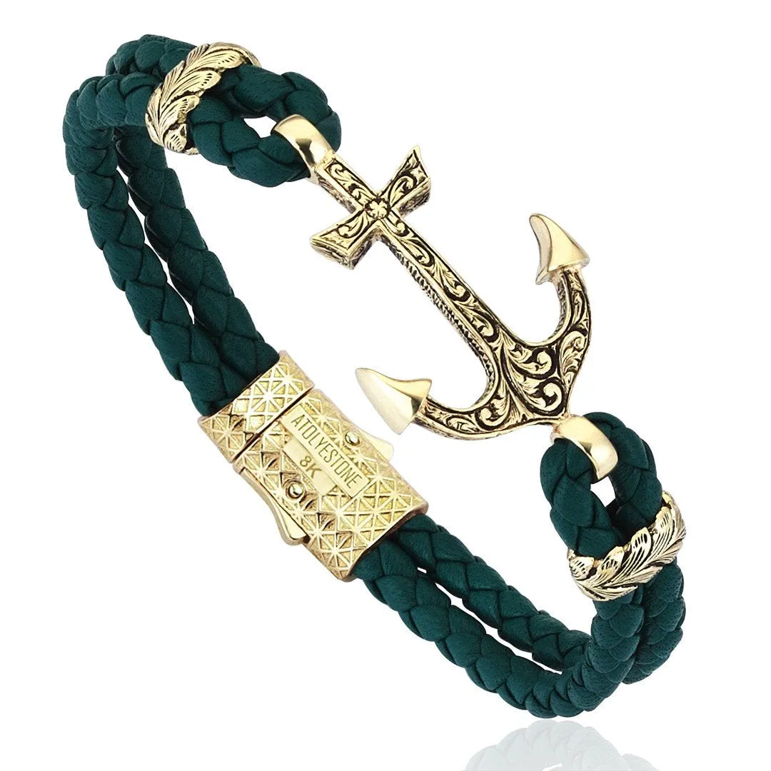 Classic Anchor Leather Bracelet - Solid Yellow Gold