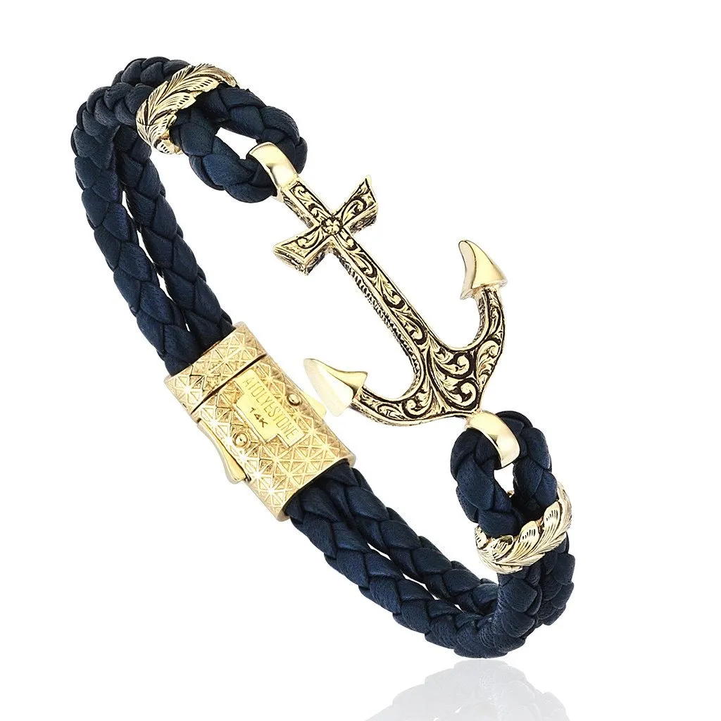 Classic Anchor Leather Bracelet - Solid Yellow Gold