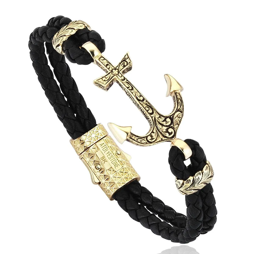 Classic Anchor Leather Bracelet - Solid Yellow Gold