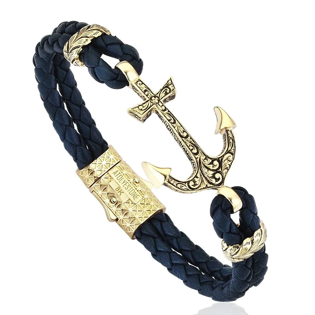 Classic Anchor Leather Bracelet - Solid Yellow Gold