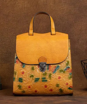 Classy Yellow Embossing Paitings Calf Leather Backpack Bag