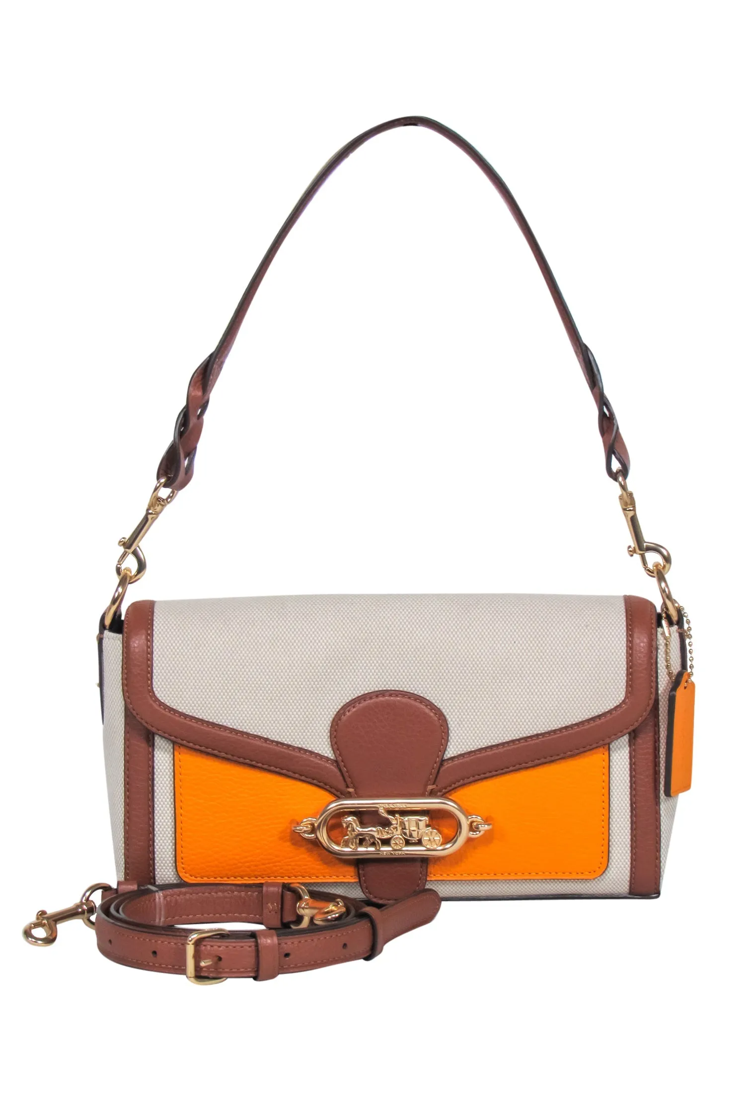 Coach - Beige, Brown & Orange Fabric & Leather Fold-Over Convertible Crossbody