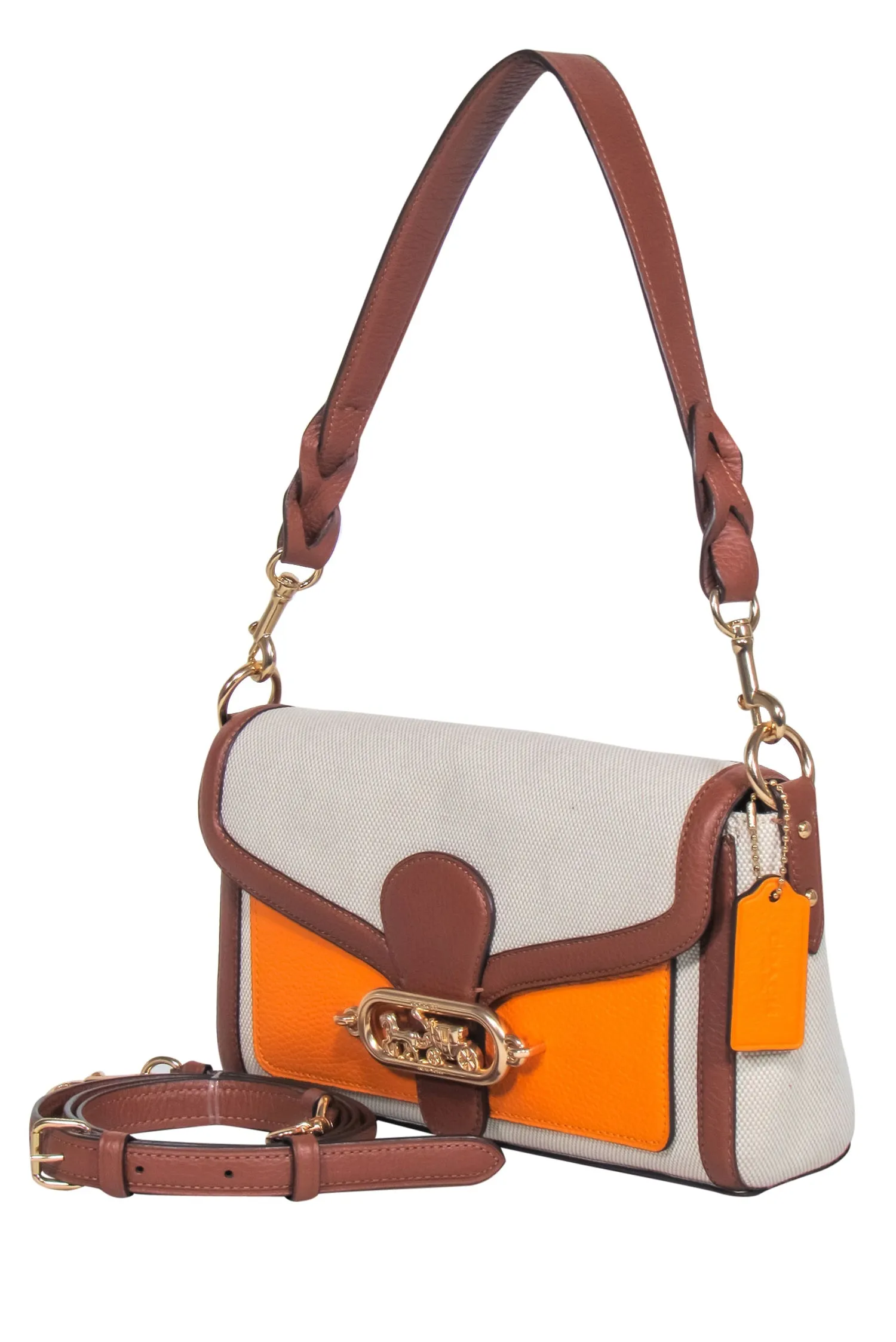 Coach - Beige, Brown & Orange Fabric & Leather Fold-Over Convertible Crossbody