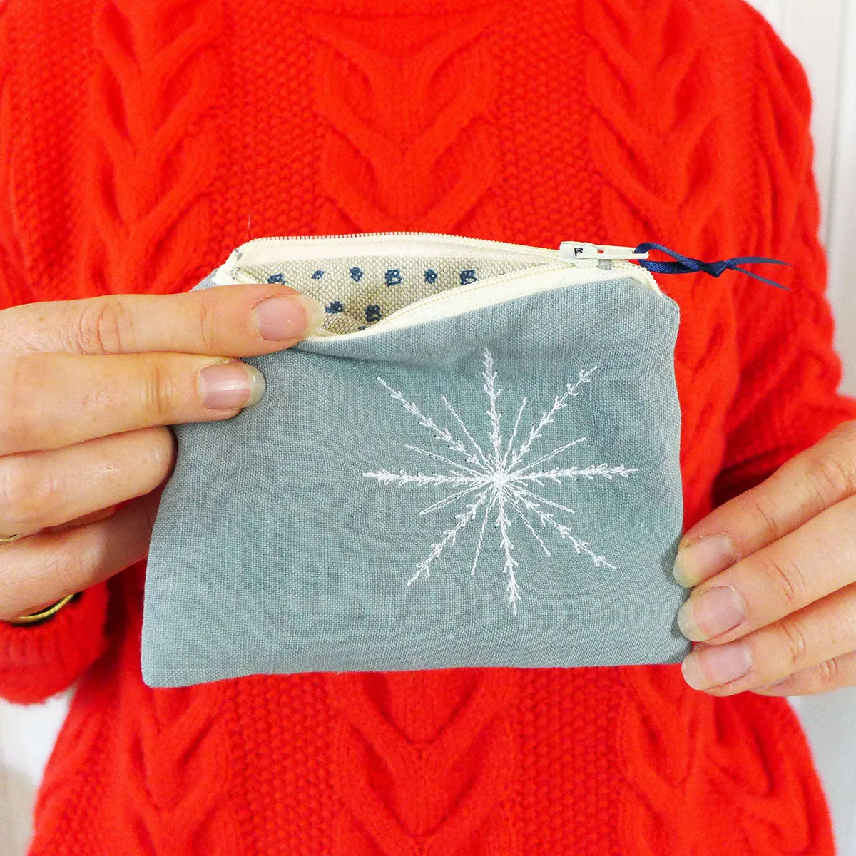 Embroidered Snowflake Grey Linen Purse