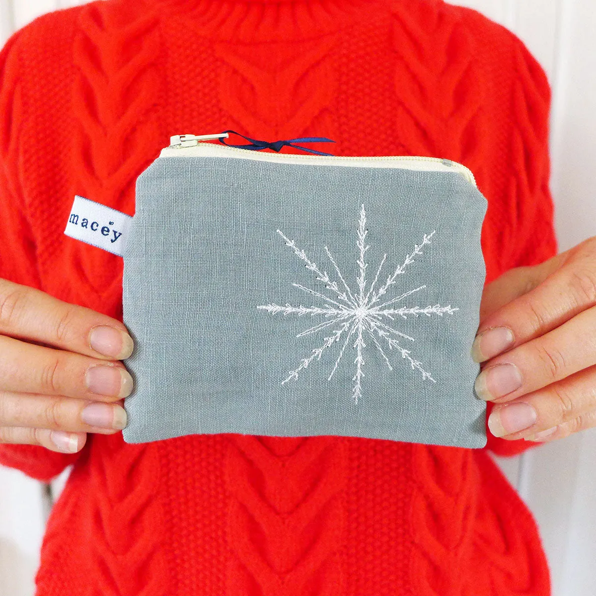 Embroidered Snowflake Grey Linen Purse