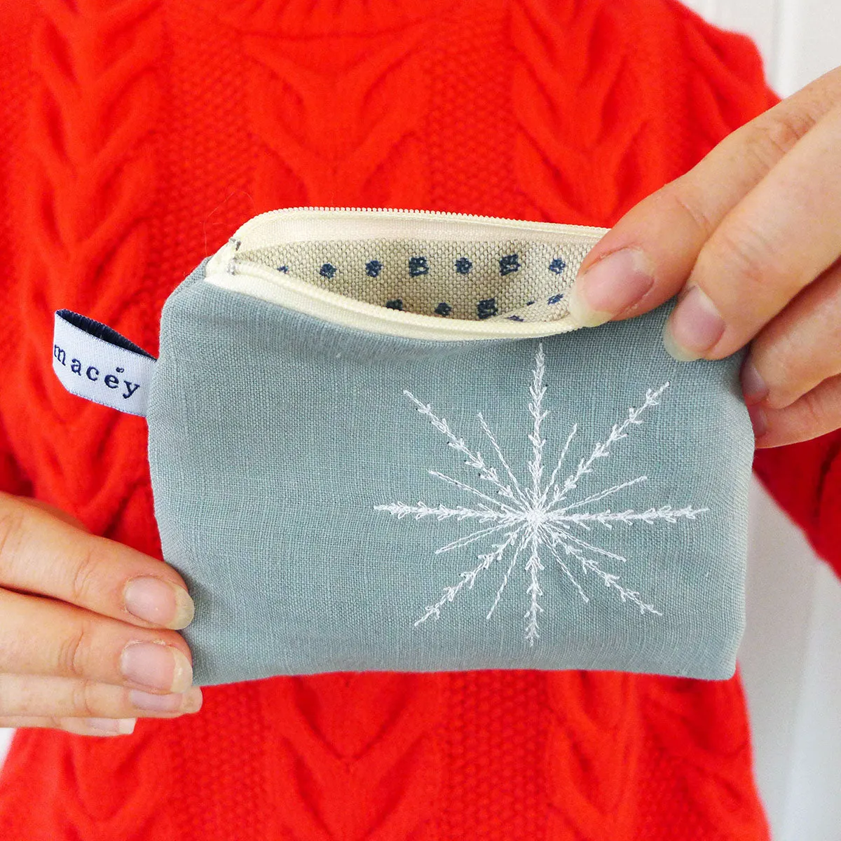 Embroidered Snowflake Grey Linen Purse