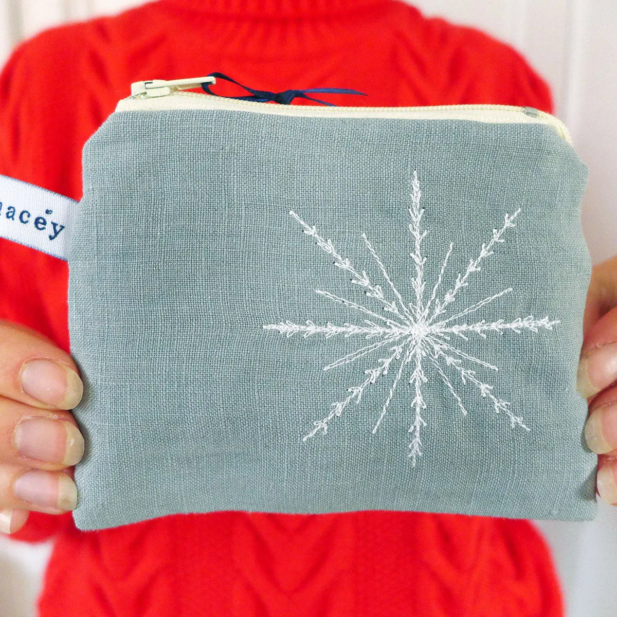 Embroidered Snowflake Grey Linen Purse