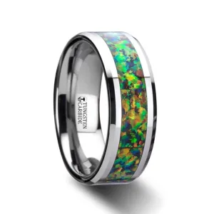 ETHEREAL | Tungsten Ring Blue & Orange Opal Inlay