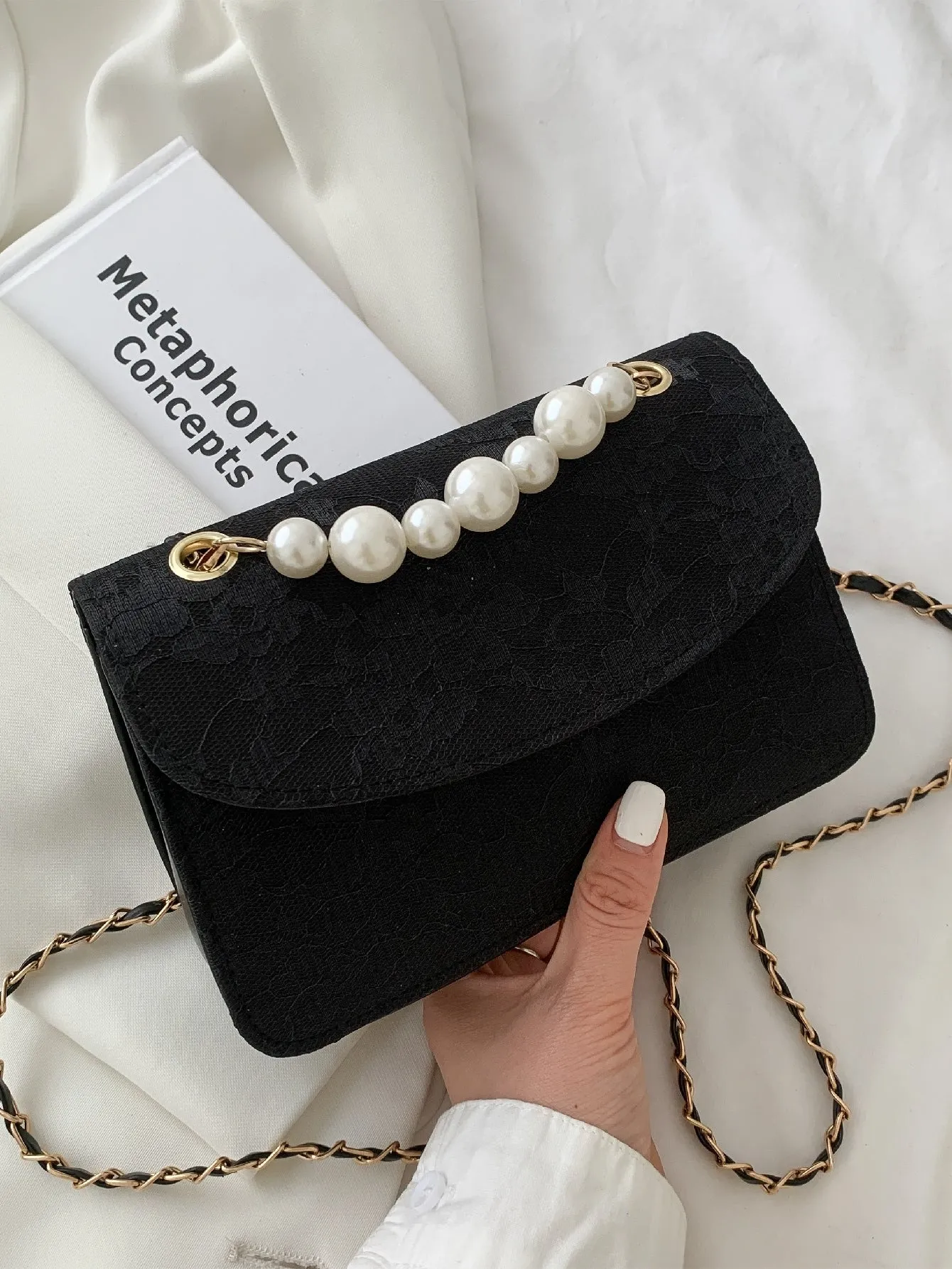 Faux Pearl Decor Shoulder Bag