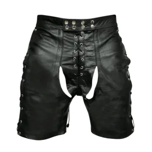 Fetish Wear Mens Black Leather Bondage Shorts with Lace Up Sides