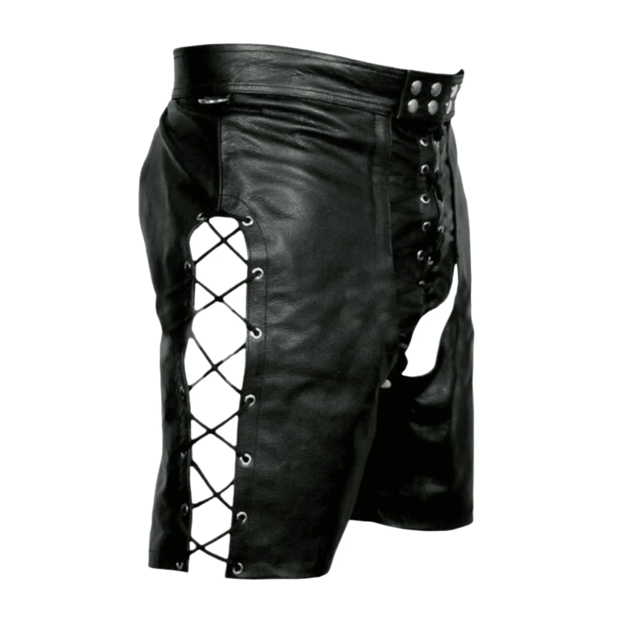 Fetish Wear Mens Black Leather Bondage Shorts with Lace Up Sides